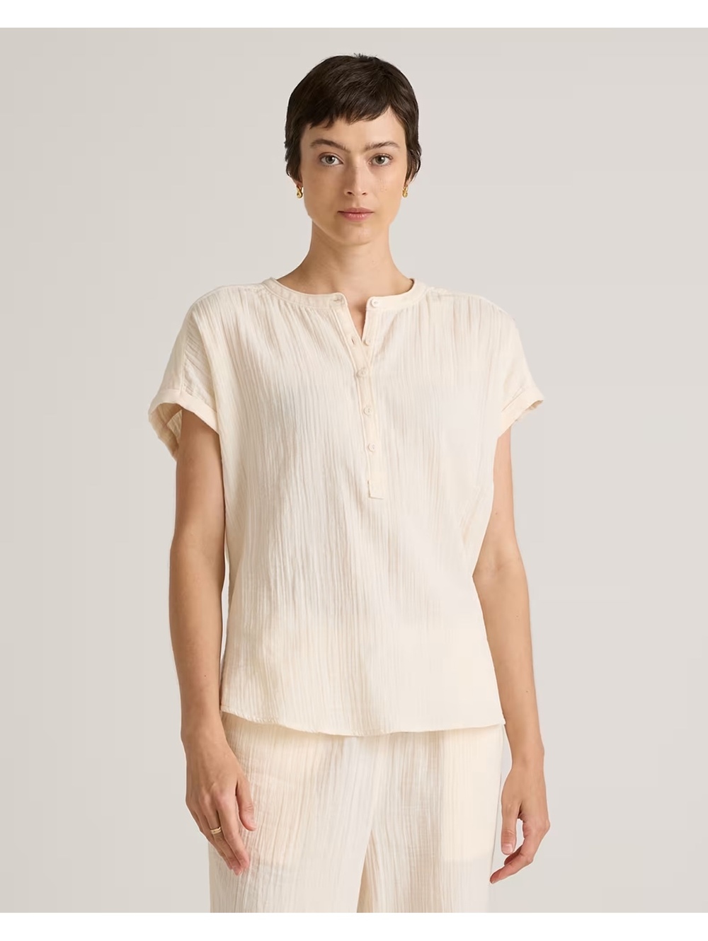 EUC NWOT Quince Cream 100% Organic Cotton Gauze Short Sleeve Henley Top Size M
